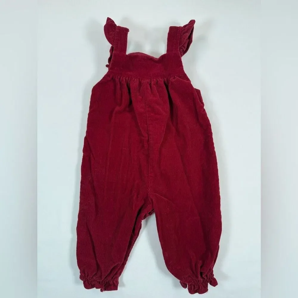 CRACKER BARREL Baby Girls’ Red Corduroy Owl Knee Patch Ruffle Overalls Size 12M